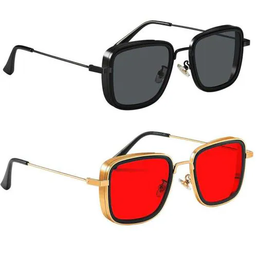 Phenomenal Metal Square Carryminati Sunglasses|Golden & Sliver Frame UV Protected Red,Black Lens Cooling Sunglasses Combo (Men & Women)