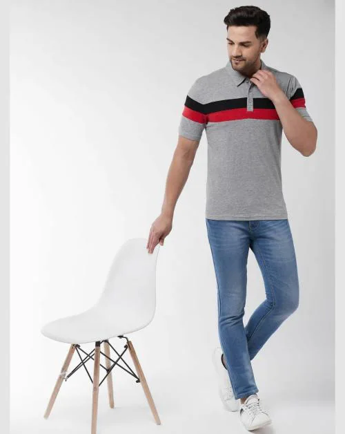 Gritstones Color Block Men Polo Neck Grey, Black T-Shirt