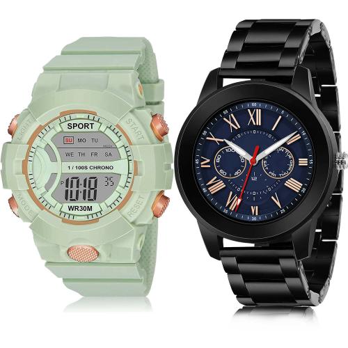 NIKOLA Brand New Style Digital Kids Watch And Black Chain Green And Black Colour Analog And Digital Plastic And Stainless Steel Belt 2 Watch Combo For Boys And Men - DG35-(62-S-20)
