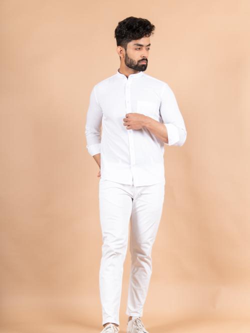 Tistabene White Linen Chinese Collar Shirt (XXXL)
