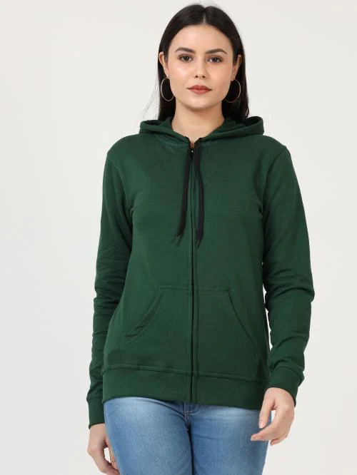 Fleximaa Womens Cotton Plain Olive Green Full Zipper Sweatshirt Hoodies With Kangaroo Pocket