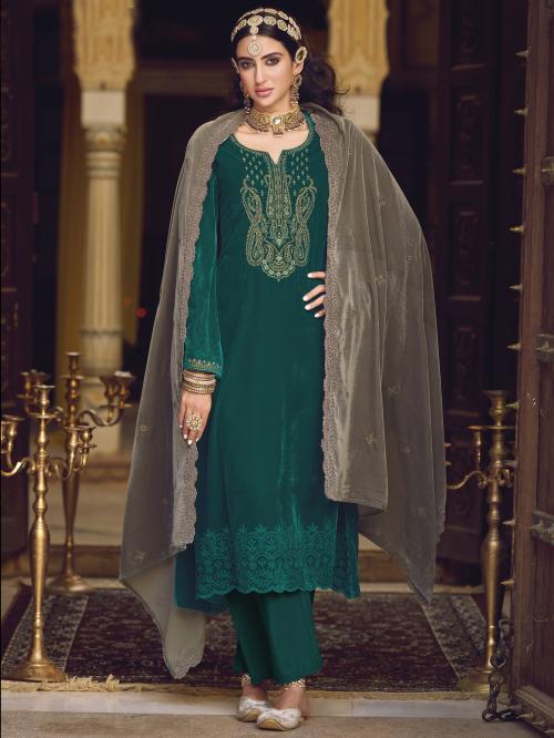 Stylee Lifestyle Teal Velvet Embroidered Dress Material