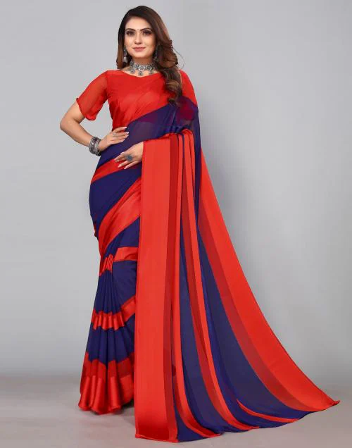 Siril Georgette Red & Blue Color Saree with Blouse piece | sarees for Women| saree | sarees