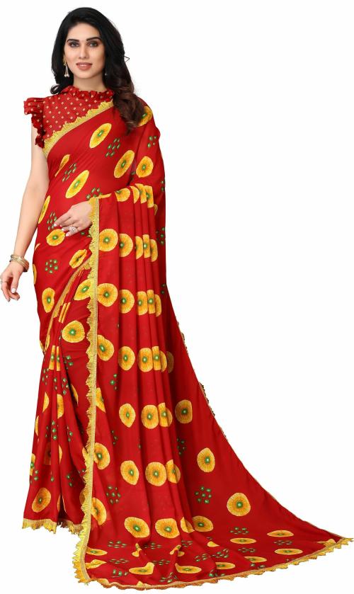 Verviza Women Red Printed Georgette Saree with Unstitched Blouse Piece