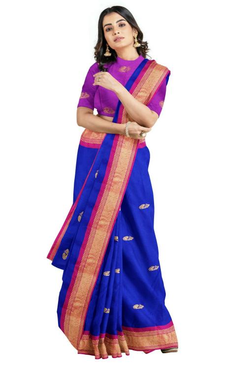 SWIFFIN Designer Cotton Silk Paithani Royal Blue-Pink Saree For Women/Women Saree With Unstitched Blouse- PAITHANI-ROYAL BLUE-PINK