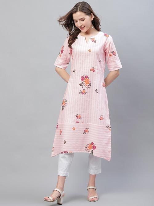 Vaamsi Women Pink Striped Cotton Kurta