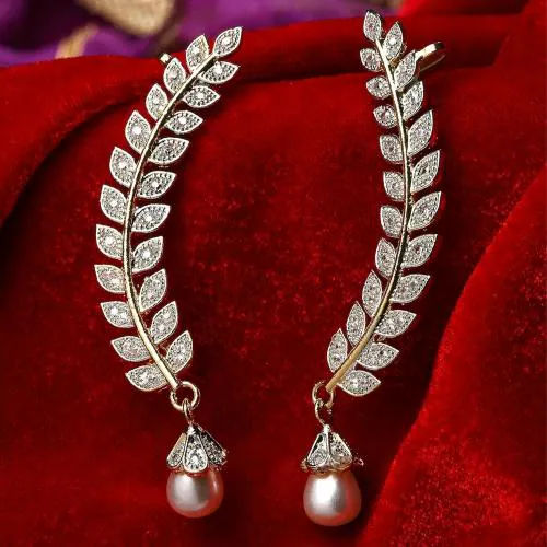 ZENEME Gold-Plated Brass Artificial Stones and Beads Studded White Ear Cuff for Women & Girls