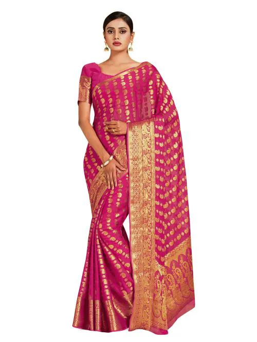 Mimosa Banarasi Style Chiffon Saree Color: Pink (4730-2662-SD-STRW)