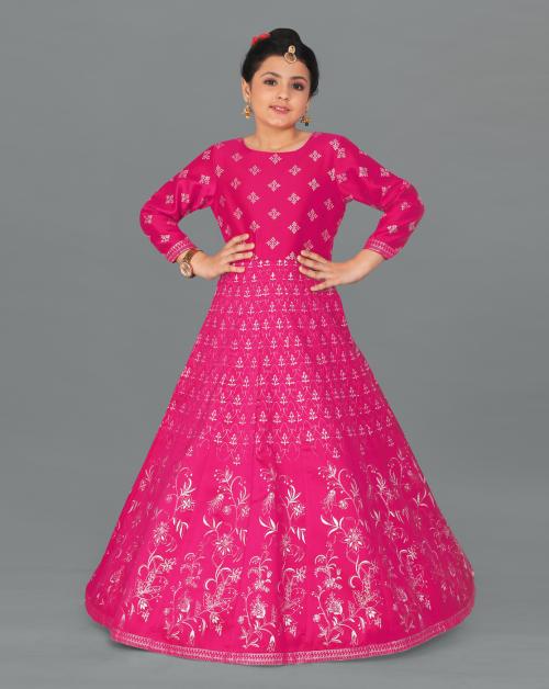 Fashion Dream Girls Dark Pink Foil Printed Taffeta Dress | Dresses | Kids Wear | Girls Dress | Kids Dress | Dress | Dresses For Girls | Maxi Dress | Kids Girls Dress
