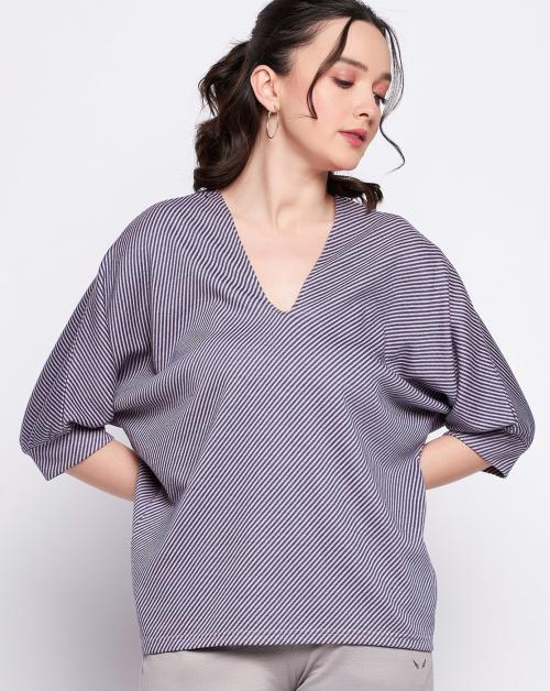 Hang N Hold V Neck Striped 3/4 Sleeves Women Top