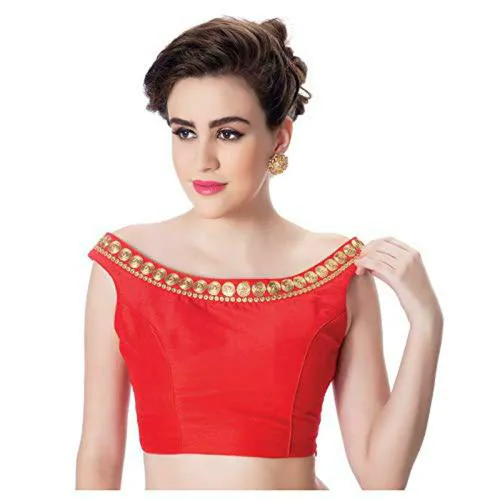 Rinkoo Women's Dupion Silk Boat Neck Princess Cut Padded Off Shoulder Sleeveless Side Zipper Stitched Saree Blouse (Red, 34)
