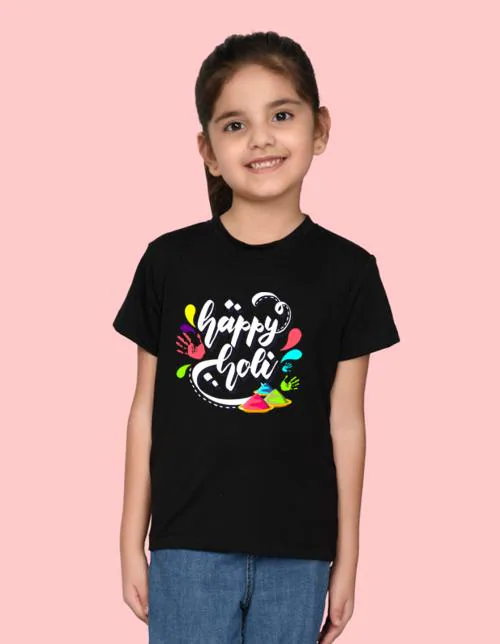 Nusyl colourful holi print girls Black cotton t-shirt