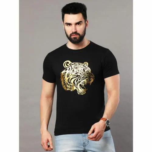 LIVAX COTTY Premium High Quality Cotton Golden Tiger Printed Tshirt Men's Regular Fit Round Neck Pure Cotton T-Shirt Comfortable Fit | Black | Size-XL
