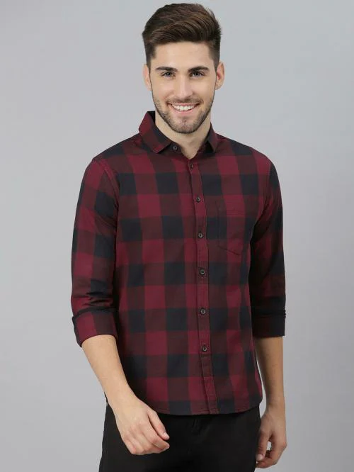 Dennis Lingo Men's Slim Fit Pure Cotton Checkered Full Sleeves Casual Shirt (Maroon)
