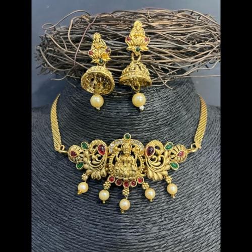 Asmitta Jewellery Gold-Plated & Green Beaded Temple Necklace & Earrings