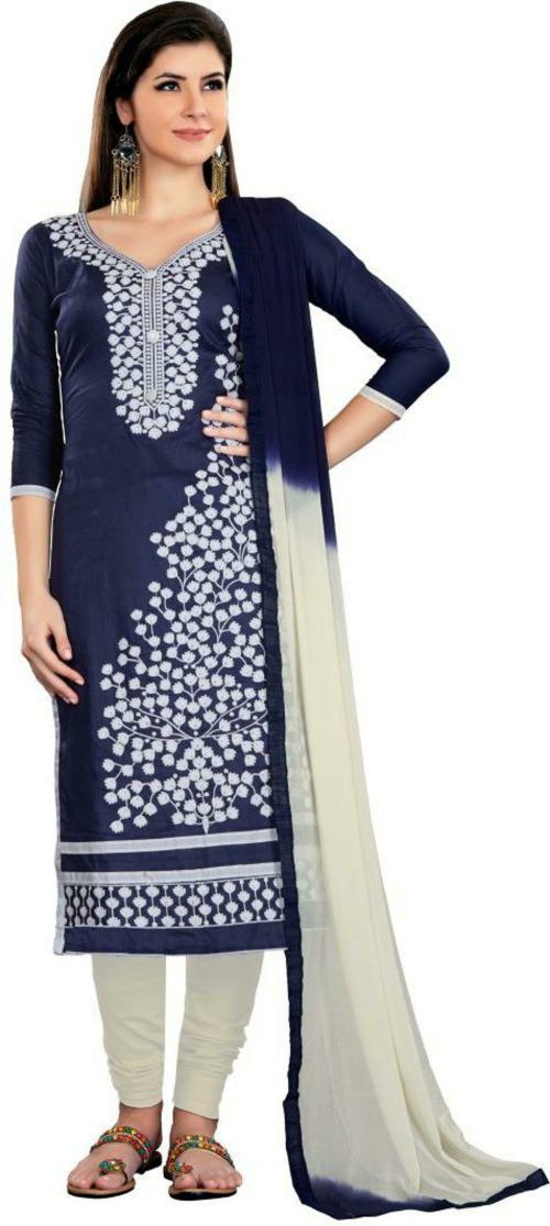 Sainoor Women Free Size Blue Embroidered Cotton Blend Semi-Stitched Dress Material