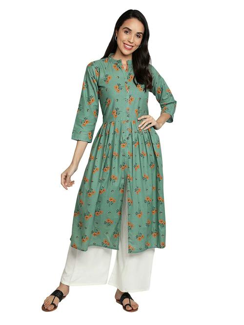 Fabclub Women Sea Green Cotton Printed Kurti (L)