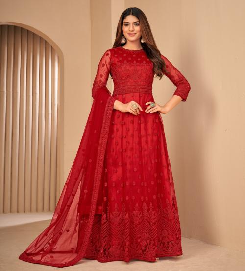 Mizzific Women's Net With Heavy Embroidery Work Long Anarkali Lehenga Choli (Unstitched_Mejesty-118-Red)