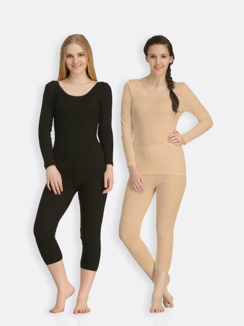 Kanvin Women Black & Skin Round Neck Full Sleeves Pack of 2 Thermal Sets