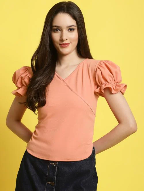 Fabflee Women Peach Solid Puff Sleeve Wrap Top (Women Top | Women Tops | Top)