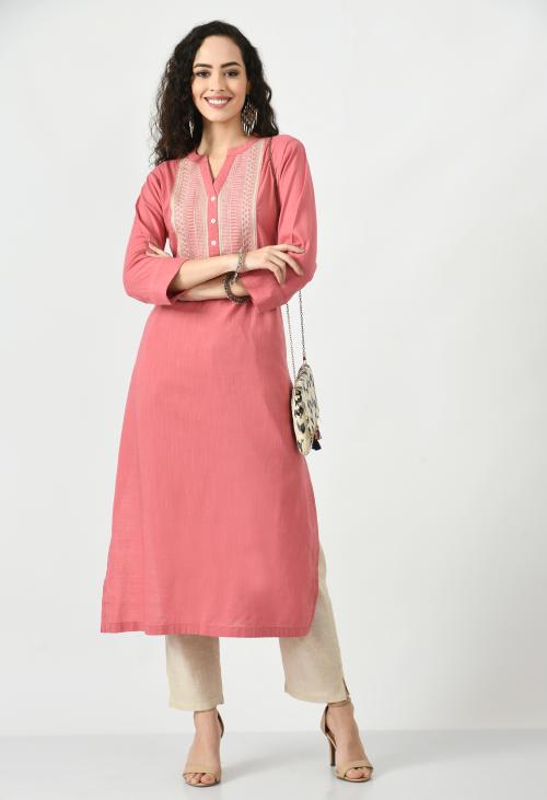 Kaccha Taanka Women's Pure Cotton Straight Embroidered Kurta, Ideal Kurti for Party, Evening Outings & Office Wear