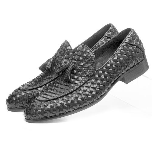 The Royale Peacock Black Braided Leather Tassel Loafer Shoes for Men (Black)