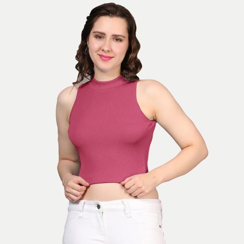 Rad Prix Women Dark Pink Rib Knit Crop Tank Top