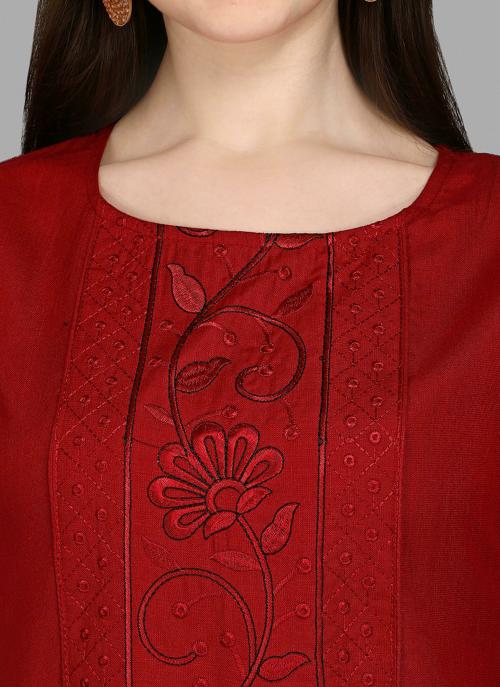 Viva N Diva Women's Maroon Cottan Slub Embroidery Kurti.