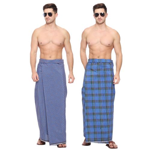 AHMADUN Small Check Comfortable Lungi in 2 Meters Blue Green Color 2 Meters Unstitched Pack of 2