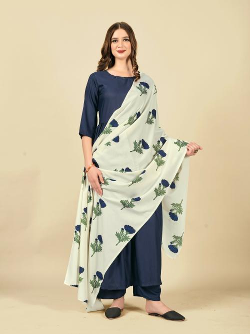 LABEL DE VEDA Cotton Blend Navy Blue top palazzo with dupatta Ste for women