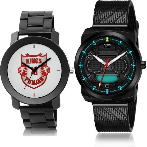 NIKOLA Brand New 3D Design Punjab Lions Squad (Pbks) Ipl Chain Black Colour Analog Metal And Plastic Belt 2 Watch Combo For Boys And Men - IPL14-(58-S-10)