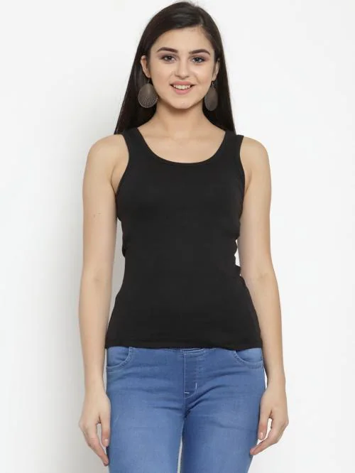 AMBEYCITY Women Black Cotton U-neck Solid Tank top