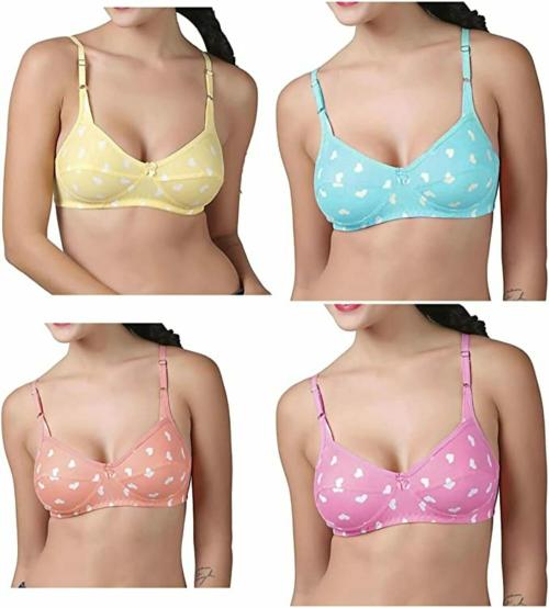 UPSTAIRS Women's X-Lady Hosiery Cotton Heart Print Dil Bra for Women & Girls, Women's Innerwear (Pack of 4)