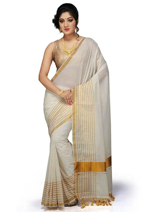 Fashionkiosks Women Cream And Gold Cotton Striped Kerala Saree With Tassel In Pallu