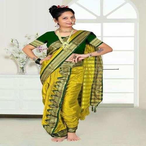 TREFLIN Women's Cotton Soft Silk Nauvari Saree Marathi Maharastrian Full Stitched Saree With Contrast Blouse Piece (Fluorescent Green)