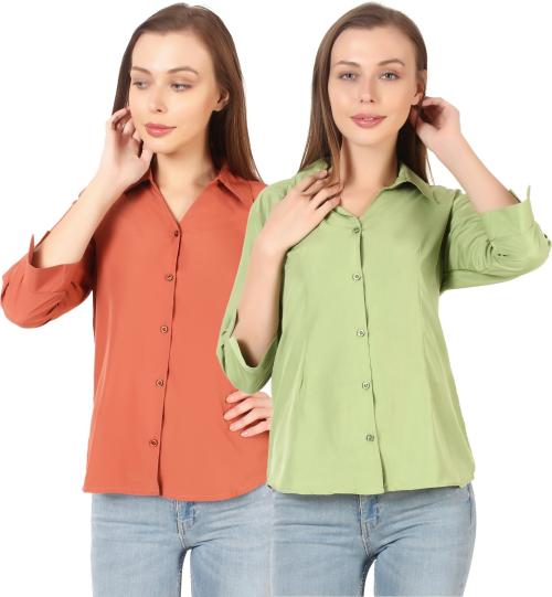 HUNOOR Womens Orange, Light Green Solid Crepe Pack of 2 Formal Shirt l women shirt l casual shirt for women