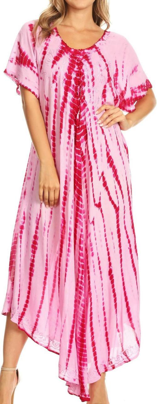 HeartBloom Women Pink, Red Tie And Dye Viscose Rayon Fit And Flare Dress (L)