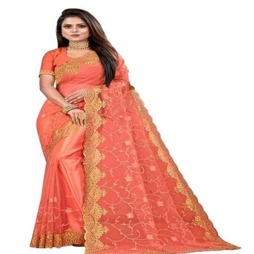 LUTAD FAB Women's Beautiful Embroidered Rose Work Soft Net Saree With Unstitched Blouse Piece For Party And Festival Wear (Peach)