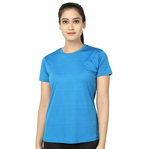 KRONOS Women Blue Self Design Polyester Blend Round Neck T-shirt
