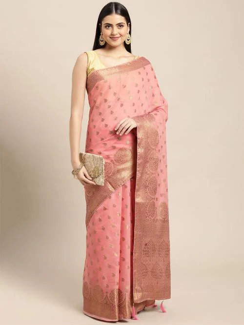 Leeza Store Women's Banarasi Cotton Silk Zari Butta/Butti Tree Pattern Golden Zari Border Saree With Blouse Piece