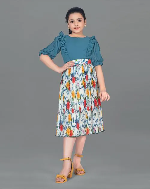 Fashion Dream Girls Teal Blue Floral Printed Georgette Top & Pleated Skirt Set | Kids Wear | Girls Top Skirt Set | Girls Clothing Set