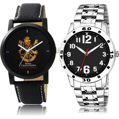 TIMENTER Best Wrist Royal Challengers Bangalore Squad (Rcb) Ipl And Silver Chain Black And Silver Colour Analog Genuine Leather And Stainless Steel Belt 2 Watch Combo For Boys And Men - IPL6-(53-S-19)