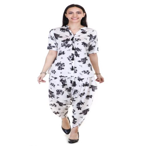 Be Dressed Women's Georgette Satin Short Kurta with Dhoti| Black & White | Dhoti Kurta For Women | Printed Dhoti Kurta