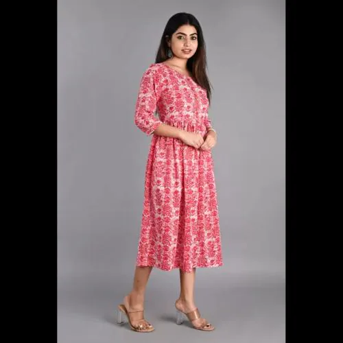 Anshara Fashion Women Printed Cotton Blend Flared Kurta (Red, White)