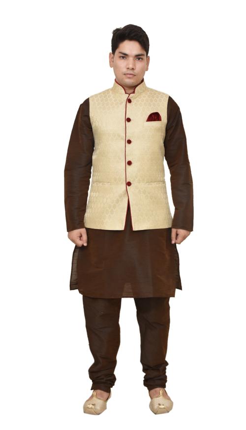 HFP Men's Brown Matching silk Kurta Churidhar With Gold Waistcoat