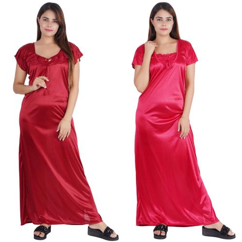 Buy NACNO Women's Satin Sleepwear Nighty/Maxi/Nightgown (Maroon & Pink