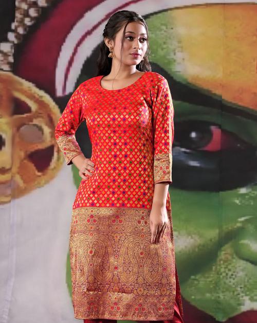 HALFSAREE STUDIO Red Banarasi Brocade Kurti with Zari work
