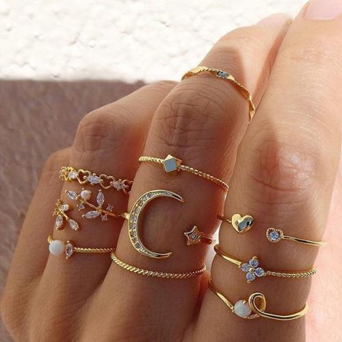 ARZONAI ring combination 10 sets of moon stars leaves love rhinestone joint ring set Metal Knuckle Ring