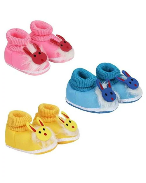 Outlife Unisex Baby Newborn (Infant Baby) Booties Baby First Walking Soft Fabric Fur Shoes With Anti Slip Sole Toe Multicolor Pack Of 3