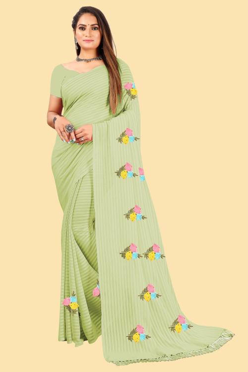 KIWIE Green Weightless Chiffon Striped Thread Embroidery Saree With Blouse Piece (Sita-Green)